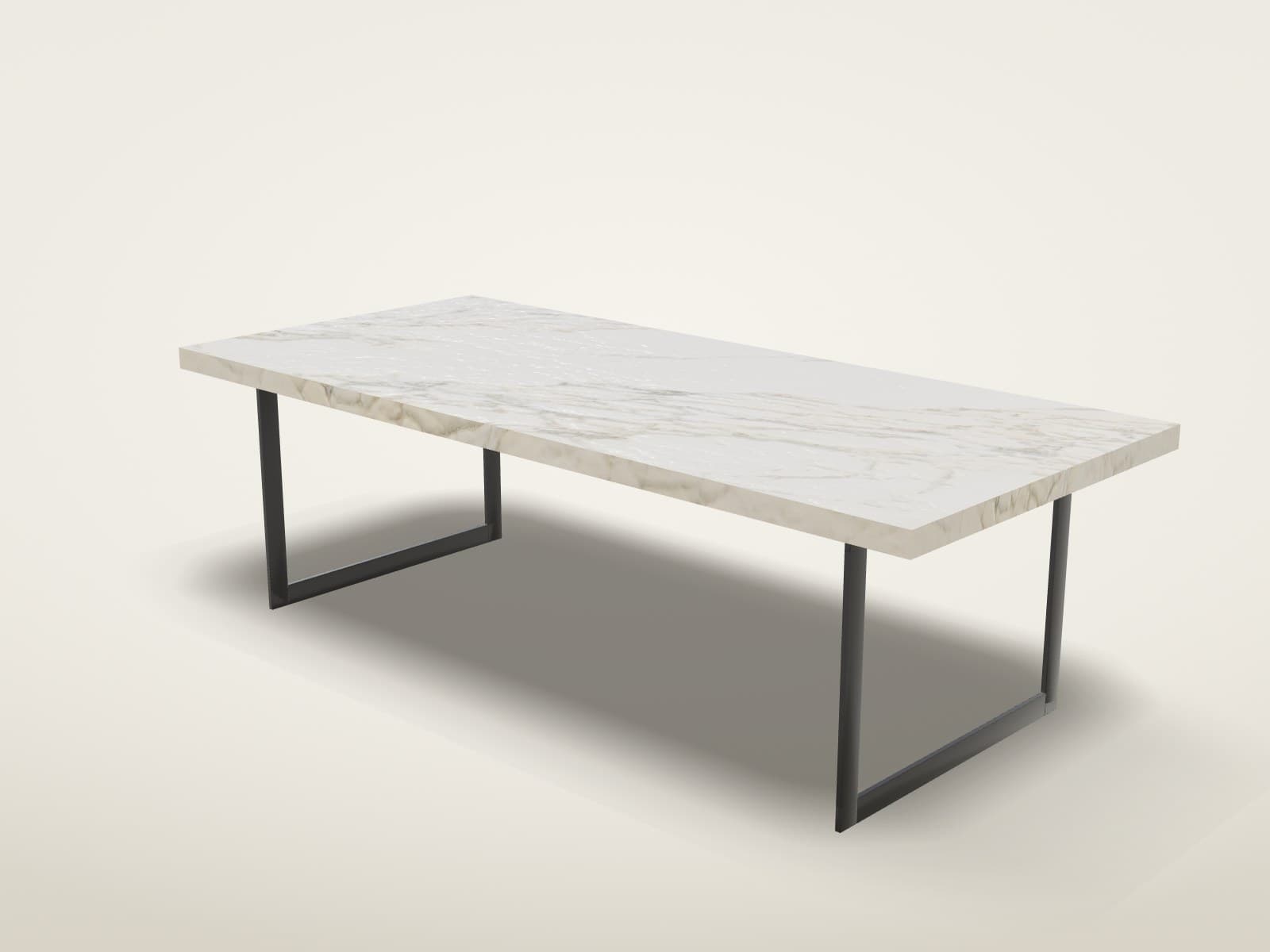 Mesa rectangular de 245 × 110 con tapa de Calacatta Vagli de 6 cm y base Hierro 1 en negro, armada en el configurador 3D