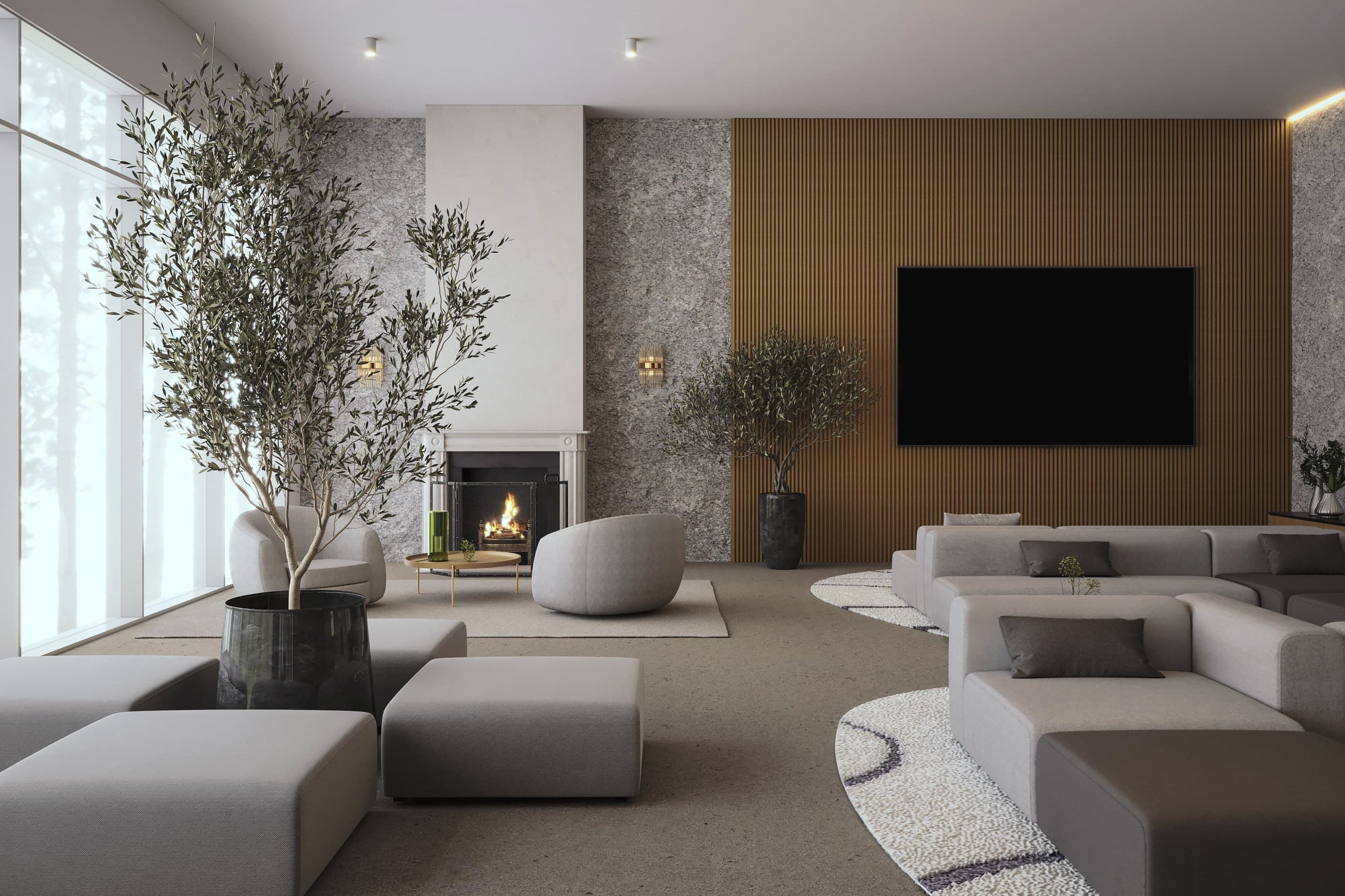 Living con hogar y pared de piedra